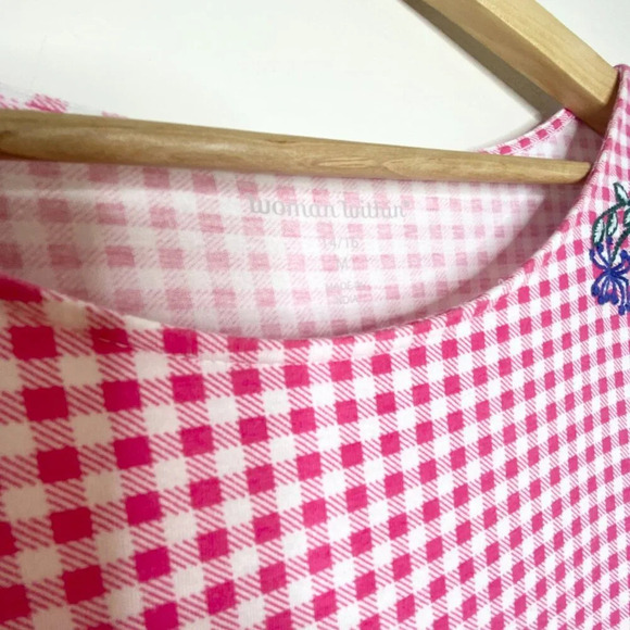 Woman Within Pink Gingham Blue Floral Embroidered Top Short Sleeve 14/16 - Picture 7 of 10